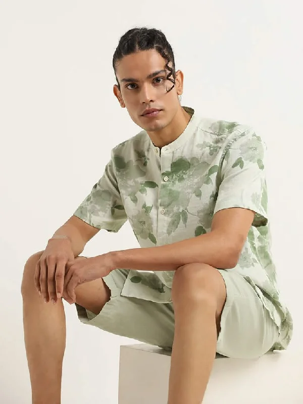 Women's one - piece jumpsuit pants Embroidered women jeans with intricate patterns ETA Green Floral Cotton Relaxed Fit Shirt