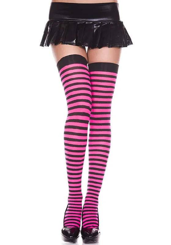 Microfiber stockings for a lightweight option Opaque Striped [Black/Hot Pink] | THIGH HIGHS
