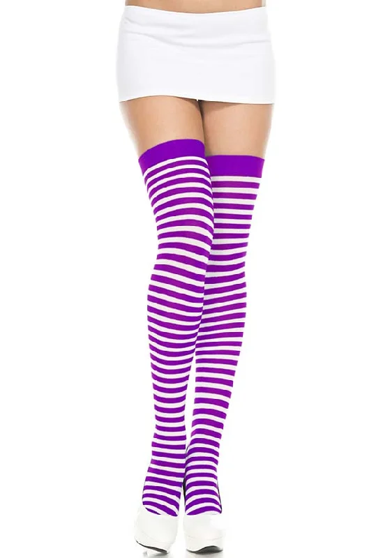Knee - high stockings with a decorative bow Opaque Striped [Purple/White] | THIGH HIGH