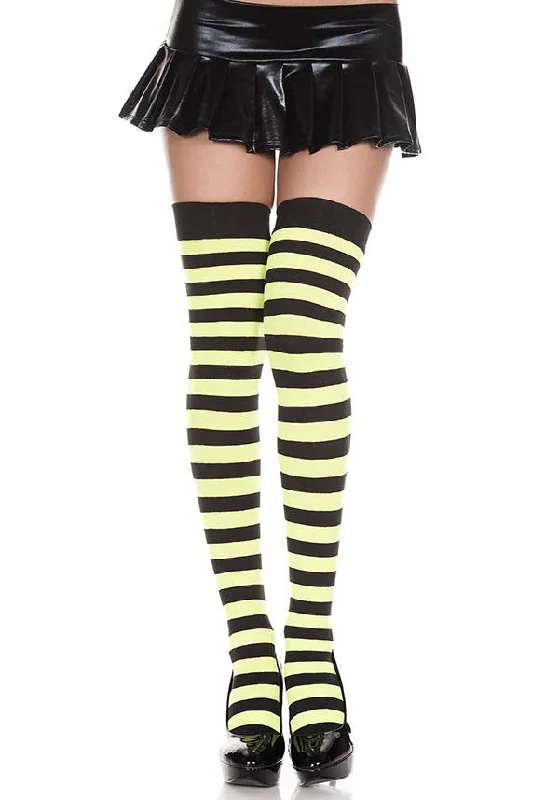 Women's sheer stockings with a fishnet pattern Opaque Wide Stripe [Black/Neon Green] | THIGH HIGH