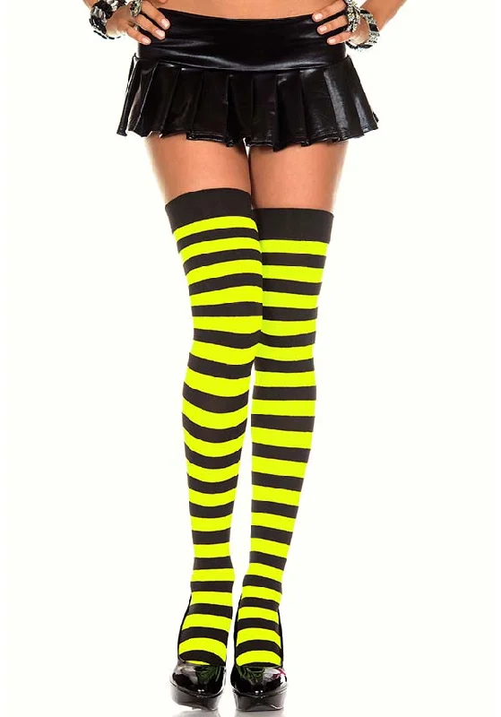 Nude - colored stockings for a natural look Opaque Wide Stripe [Blk/Neon Yellow] | THIGH HIGH