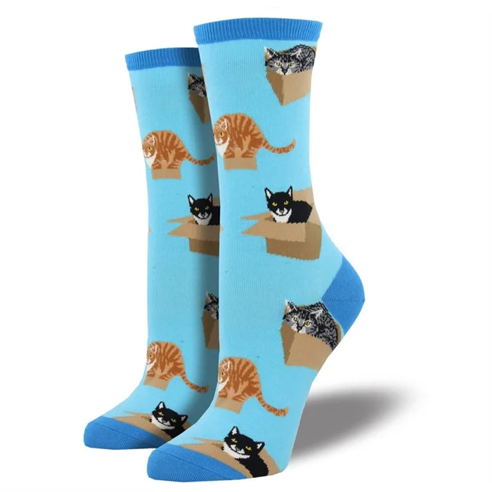 Women's cotton blend socks for breathability 'Cat in a Box' Women's printed socks