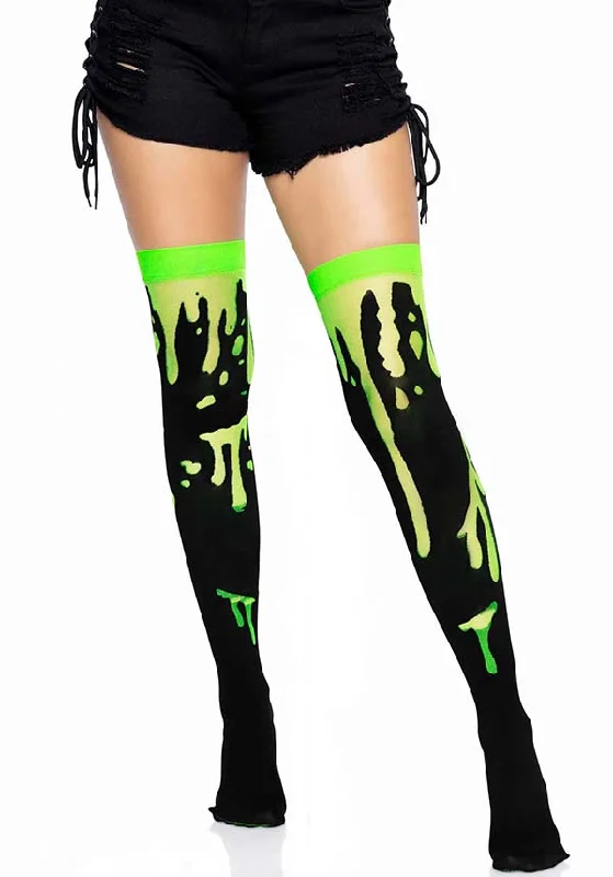 Navy blue stockings for a sophisticated style Splatter [Green] | THIGH HIGH