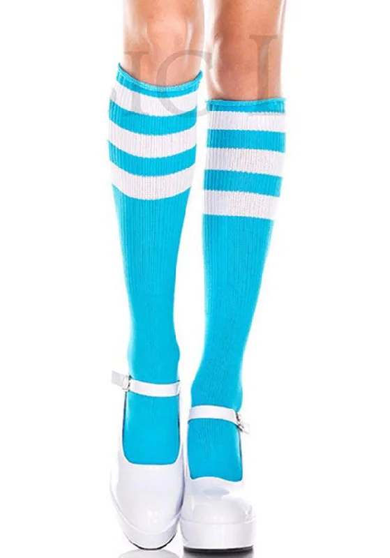 Nude - colored stockings for a natural look Triple Stripe [Neon Blue/White] | KNEE HIGH SOCKS
