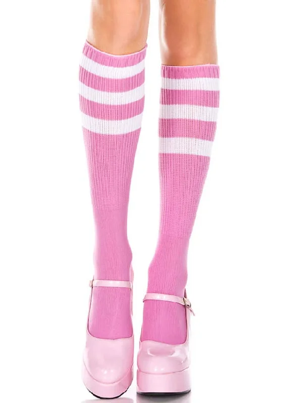 Argyle - printed stockings for a preppy style Triple Stripe [Pink/White] | KNEE HIGH SOCKS