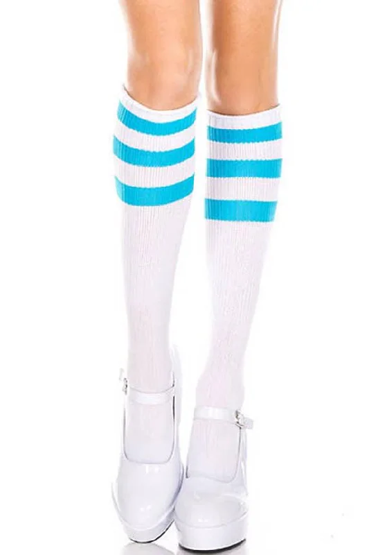 Anti - odor stockings for long - day freshness Triple Stripe [White/Neon Blue] | KNEE HIGH SOCKS
