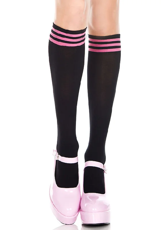 Seamed stockings for a vintage look Triple Striped [Black/Hot Pink] | KNEE HIGH SOCKS