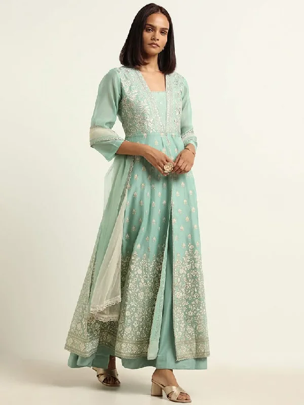 Women's eco - friendly organic pants Mom jeans for a nostalgic and casual look Vark Pista Green Kurta, Skirt & Dupatta Set