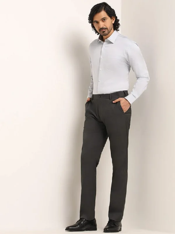 Women's checked casual pants Skinny women jeans with a form - fitting design WES Formals Dark Grey Self-Patterned Cotton Slim Fit Trousers