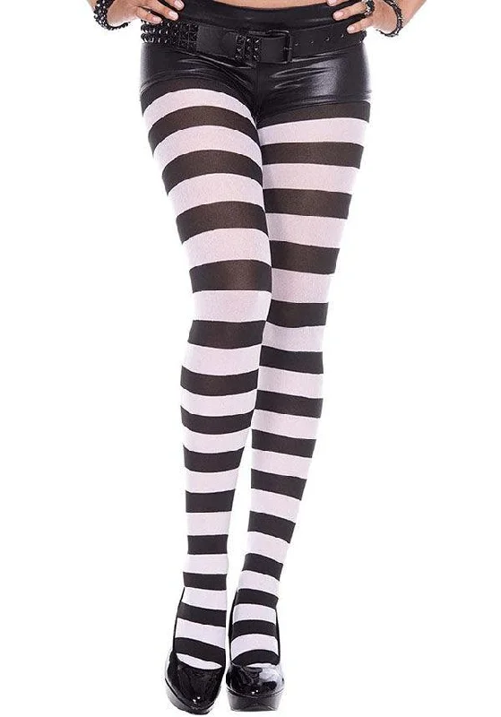 Thigh - high stockings with a lace garter belt Striped [Black/White] | TIGHTS