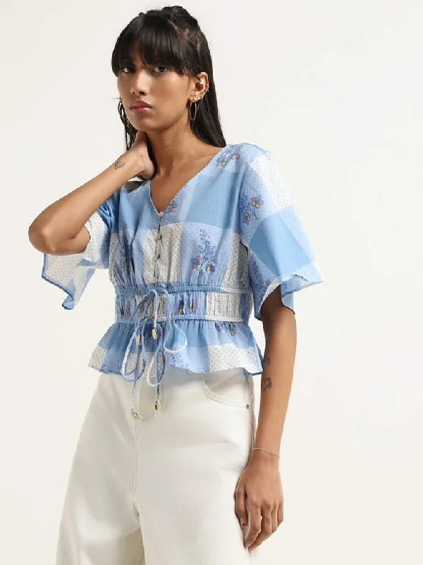 Women's linen summer pants High - rise flare women jeans for a 70s - inspired look Bombay Paisley Blue Printed Cotton Top