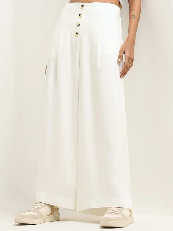 Women's senior - friendly lounge pants Embroidered women jeans with intricate patterns Bombay Paisley White Plain Cotton Palazzos