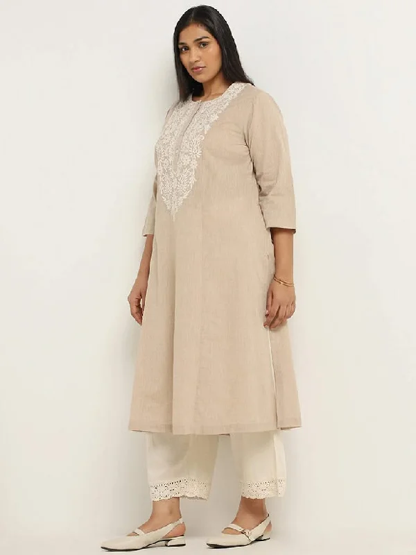 Women's wide - leg dress pants Bootcut women jeans to complement various shoe styles Diza Beige Floral Embroidered Cotton Kurta