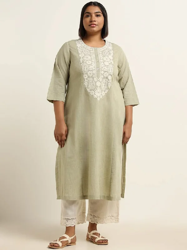 Women's straight - leg lounge pants Mom jeans for a nostalgic and casual look Diza Green Embroidered Cotton Kurta