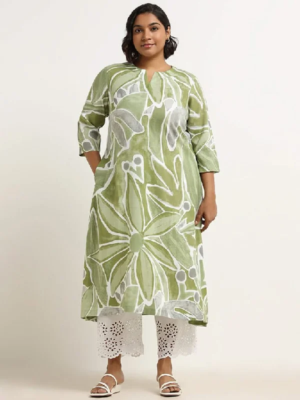 Women's lace - trimmed evening pants Light - wash women jeans for a fresh and summery appearance Diza Green Floral Kurta