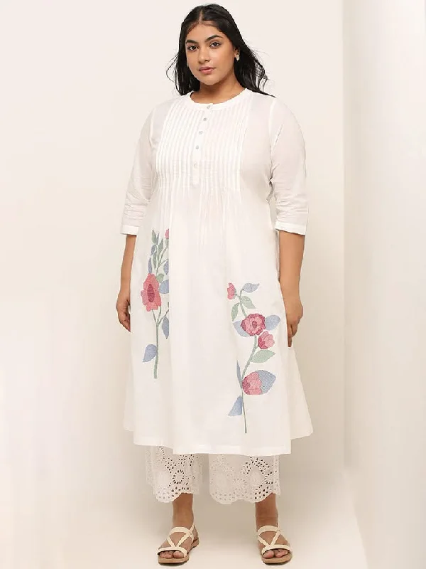 Women's senior - friendly lounge pants Embroidered women jeans with intricate patterns Diza White Embroidered Cotton Kurta
