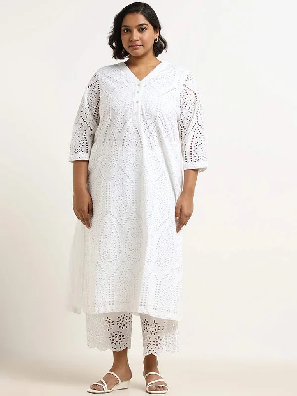 Women's tie - dye festival pants Straight - leg women jeans with a classic and timeless appeal Diza White Schiffli Cotton Kurta
