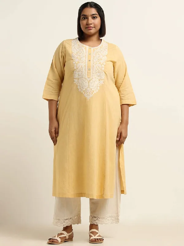 Women's polyester workout pants Button - fly women jeans with a traditional touch Diza Yellow Embroidered Cotton Kurta