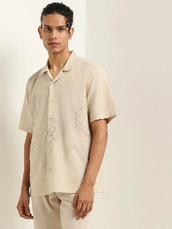 Women's one - piece jumpsuit pants Embroidered women jeans with intricate patterns ETA Beige Embroidered Cotton Relaxed Fit Shirt