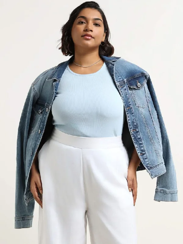 Women's senior - friendly lounge pants Embroidered women jeans with intricate patterns Gia Light Blue Cotton Blend Ribbed T-Shirt