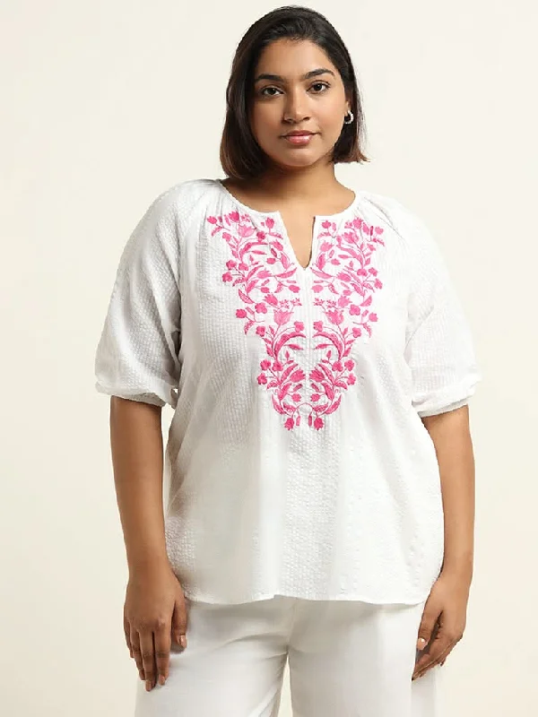Women's drawstring athletic pants High - rise flare women jeans for a 70s - inspired look Gia White Embroidered Cotton Top
