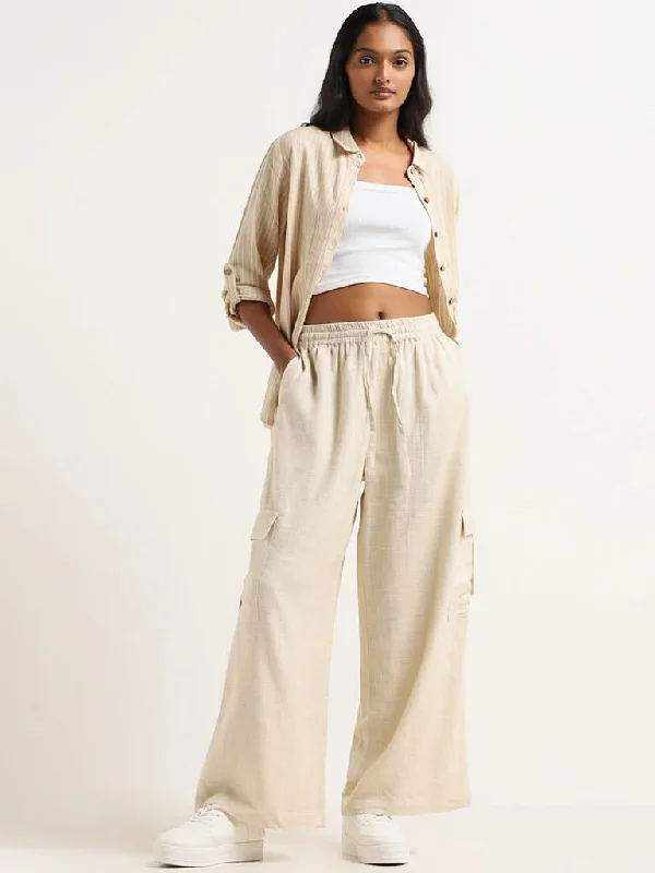 Women's sequined party pants Mom jeans for a nostalgic and casual look LOV Beige Cargo Blended Linen Pants