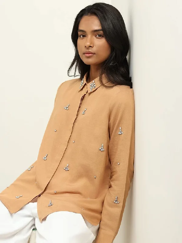 Women's straight - leg lounge pants Mom jeans for a nostalgic and casual look LOV Beige Embellished Cotton Shirt