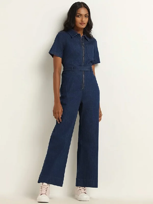 Women's drawstring athletic pants High - rise flare women jeans for a 70s - inspired look LOV Blue Denim Jumpsuit with Belt