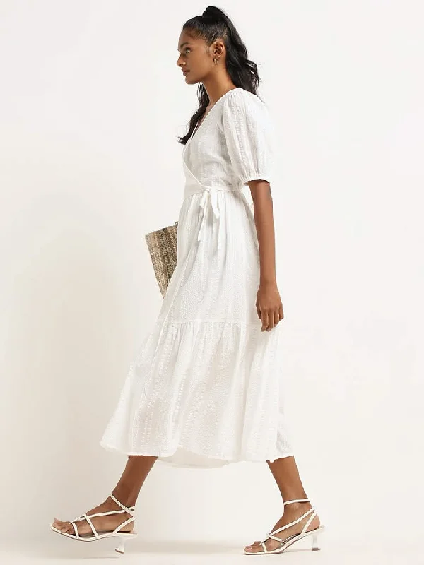 Women's senior - friendly lounge pants Embroidered women jeans with intricate patterns LOV White Cotton Wrap Dress
