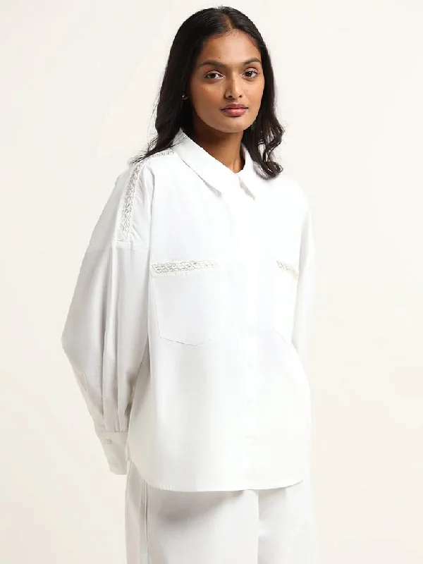 Women's pants for cocktail parties Distressed women jeans for a trendy and edgy look LOV White Sequined Embroidered Cotton Shirt