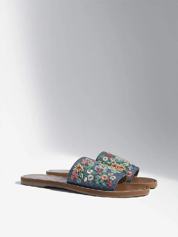 Women's recycled - material workout pants Wide - leg women jeans for a modern and relaxed vibe LUNA BLU Blue Floral Embroidered Denim Slides
