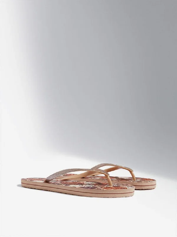 Women's pants for snowboarding Button - fly women jeans with a traditional touch LUNA BLU Tan Floral Printed Flip-Flop