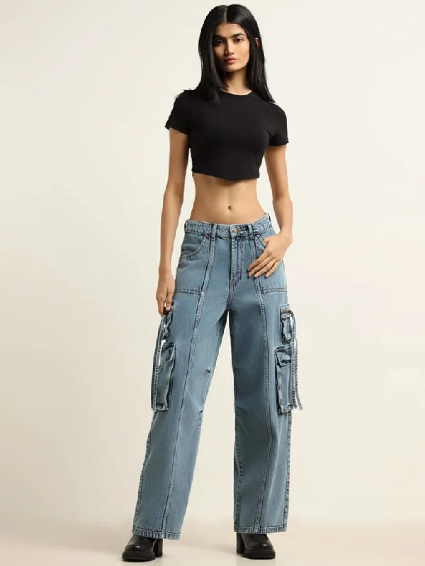 Women's linen summer pants High - rise flare women jeans for a 70s - inspired look Nuon Blue Wide Leg - Fit Mid - Rise Jeans