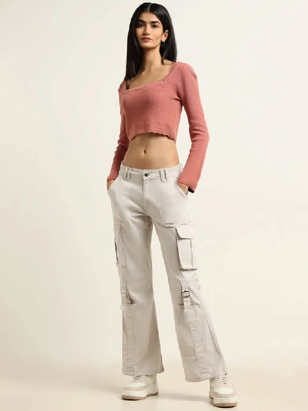 Women's button - fly jeans pants Wide - leg women jeans for a modern and relaxed vibe Nuon Cream Cotton Blend Cargo Pants
