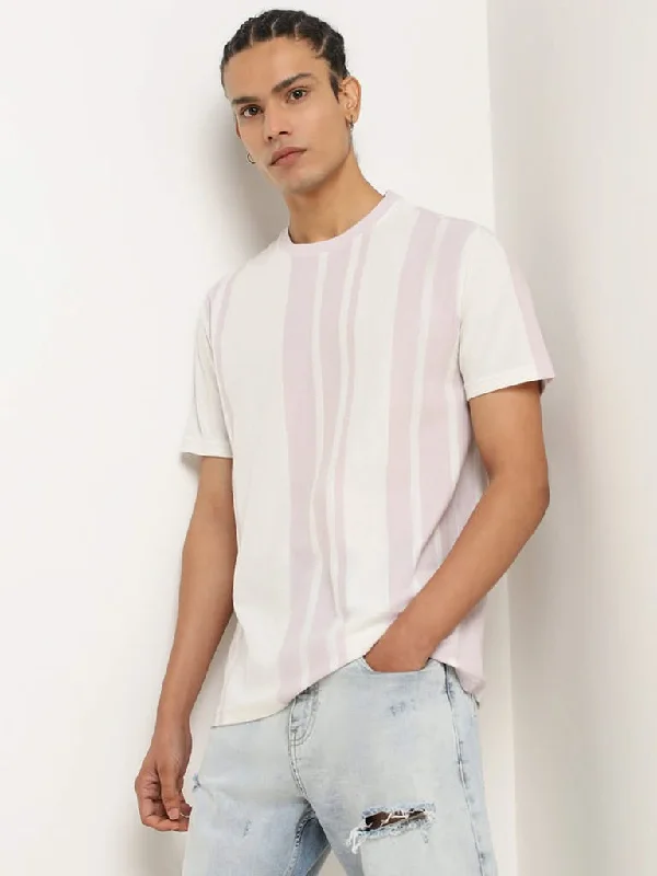 Women's pants for cocktail parties Distressed women jeans for a trendy and edgy look Nuon Lavender Striped Cotton Blend Slim Fit T-Shirt