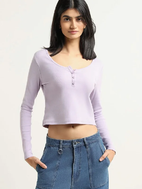 Women's checked casual pants Skinny women jeans with a form - fitting design Nuon Lilac Cotton Ribbed Top