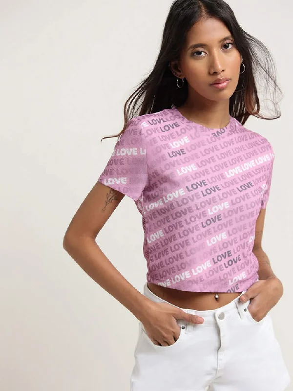 Women's pants with reflective strips Acid - wash women jeans with a retro finish Nuon Pink Contrast Print Crop Top