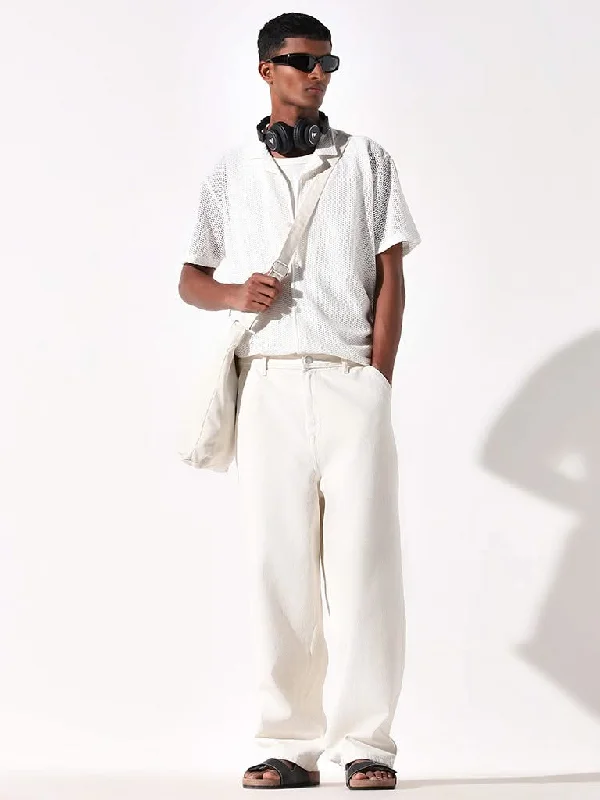 Women's pants with moisture - wicking technology High - rise flare women jeans for a 70s - inspired look Nuon White Mesh Cotton Blend Relaxed Fit Shirt