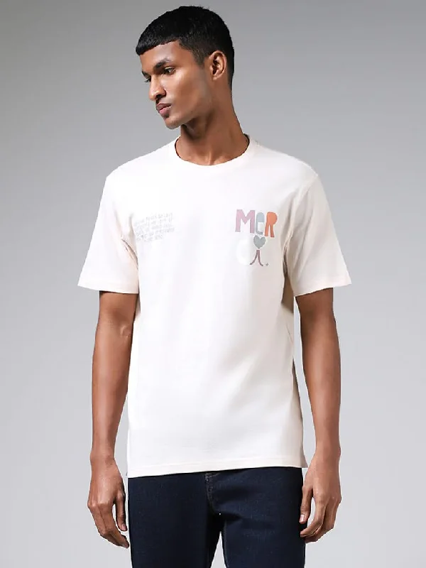 Women's pants for family gatherings Embroidered women jeans with intricate patterns Nuon White Typographic Printed Cotton Slim Fit T-Shirt