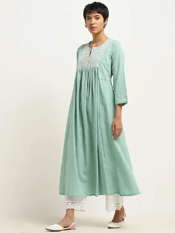 Women's pants for outdoor adventures Dark - wash women jeans for a sophisticated and slimming effect Utsa Aqua Embroidered Cotton A-Line Kurta