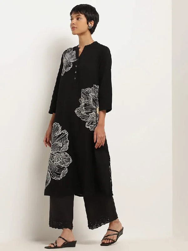 Women's pants for beach parties Straight - leg women jeans with a classic and timeless appeal Utsa Black Printed Cotton Blend Kurta Women's pants for beach parties Straight - leg women jeans with a classic and timeless appeal Utsa Black Printed Cotton Blend Kurta
