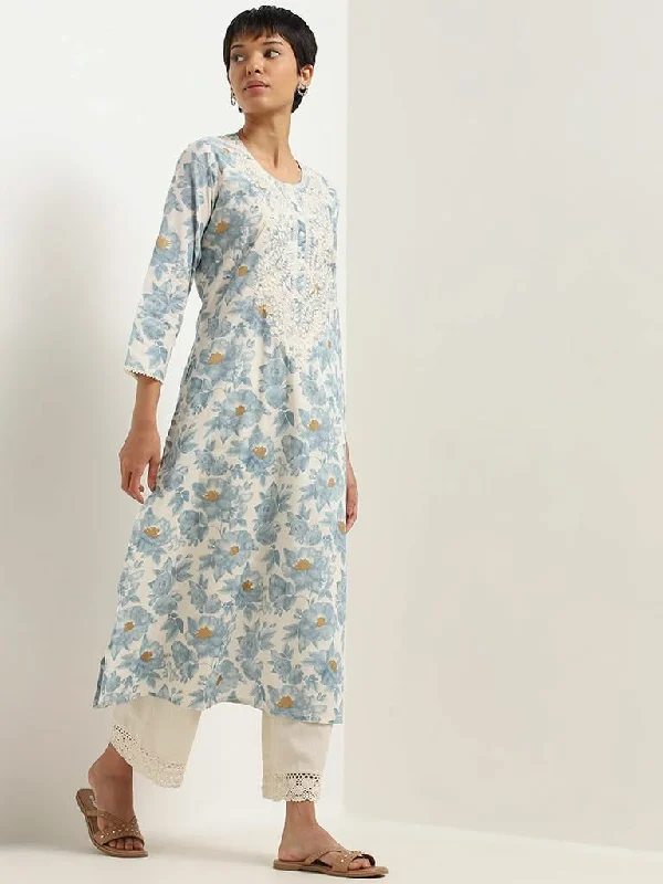 Women's long - length casual pants Straight - leg women jeans with a classic and timeless appeal Utsa Blue Floral Cotton Kurta