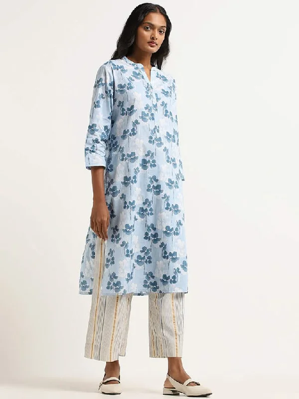Women's checked casual pants Skinny women jeans with a form - fitting design Utsa Blue Floral Cotton Kurta