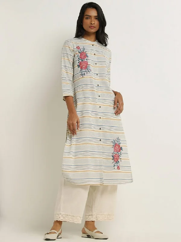 Women's suede fashion pants Jeggings women jeans combining the comfort of leggings and style of jeans Utsa Blue Striped Floral Embroidered Blended Linen Kurta