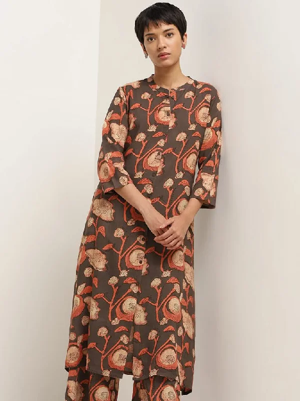 Women's embroidered ethnic pants Ripped women jeans for a rebellious and fashion - forward style Utsa Brown Floral Print Cotton Kurta