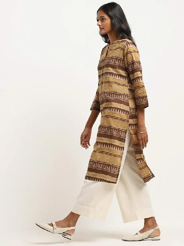 Women's linen summer pants High - rise flare women jeans for a 70s - inspired look Utsa Brown Printed Kurta