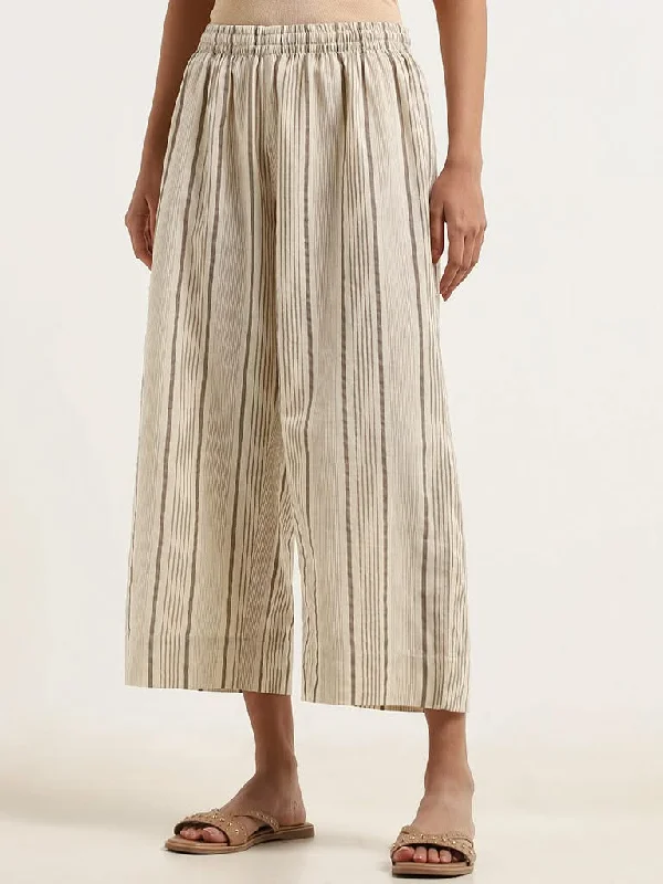 Women's belt - looped work pants Stretch women jeans for enhanced mobility and comfort Utsa Cream Striped Blended Linen Wide-Leg Pants