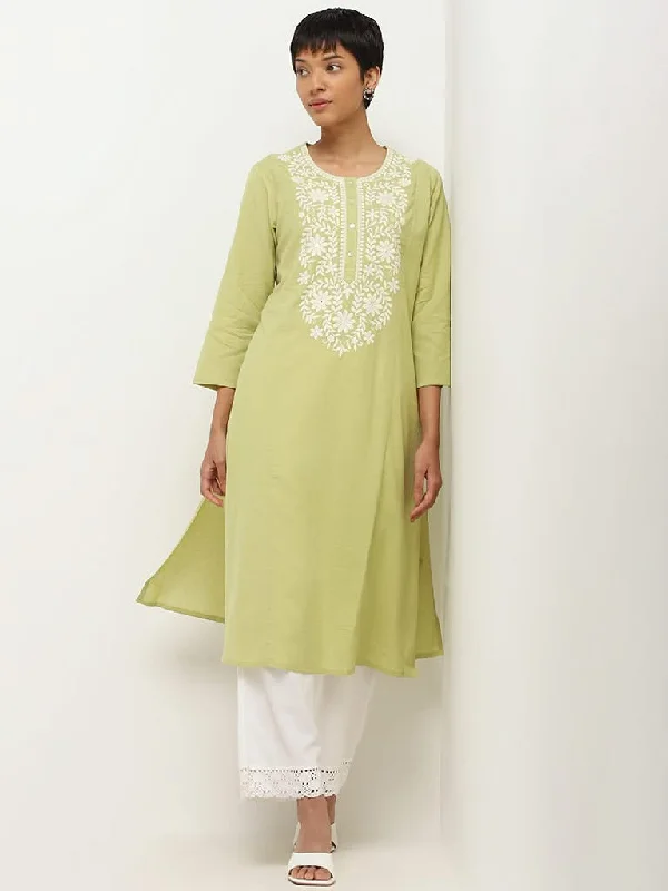 Women's pants for job interviews Skinny women jeans with a form - fitting design Utsa Green Chikankari Cotton Kurta