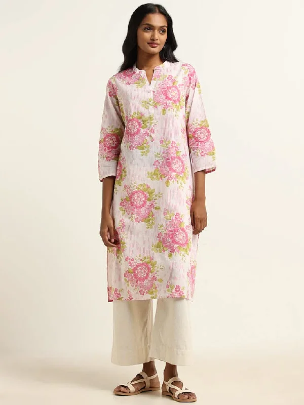 Women's belt - looped work pants Stretch women jeans for enhanced mobility and comfort Utsa Pink Bold Floral Printed Cotton Kurta