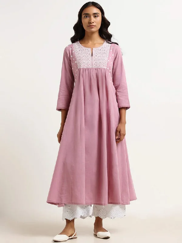 Women's two - piece pant set Ripped women jeans for a rebellious and fashion - forward style Utsa Pink Embroidered A-Line Kurta